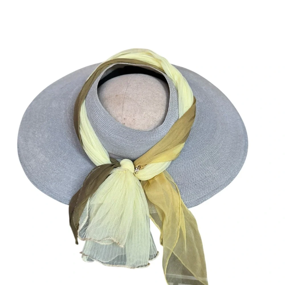 1950s L.S.‎ Ayres Open Crown Surrounded w/Green & Yellow Scarf Wide Brim Sun Hat - Picture 4 of 7